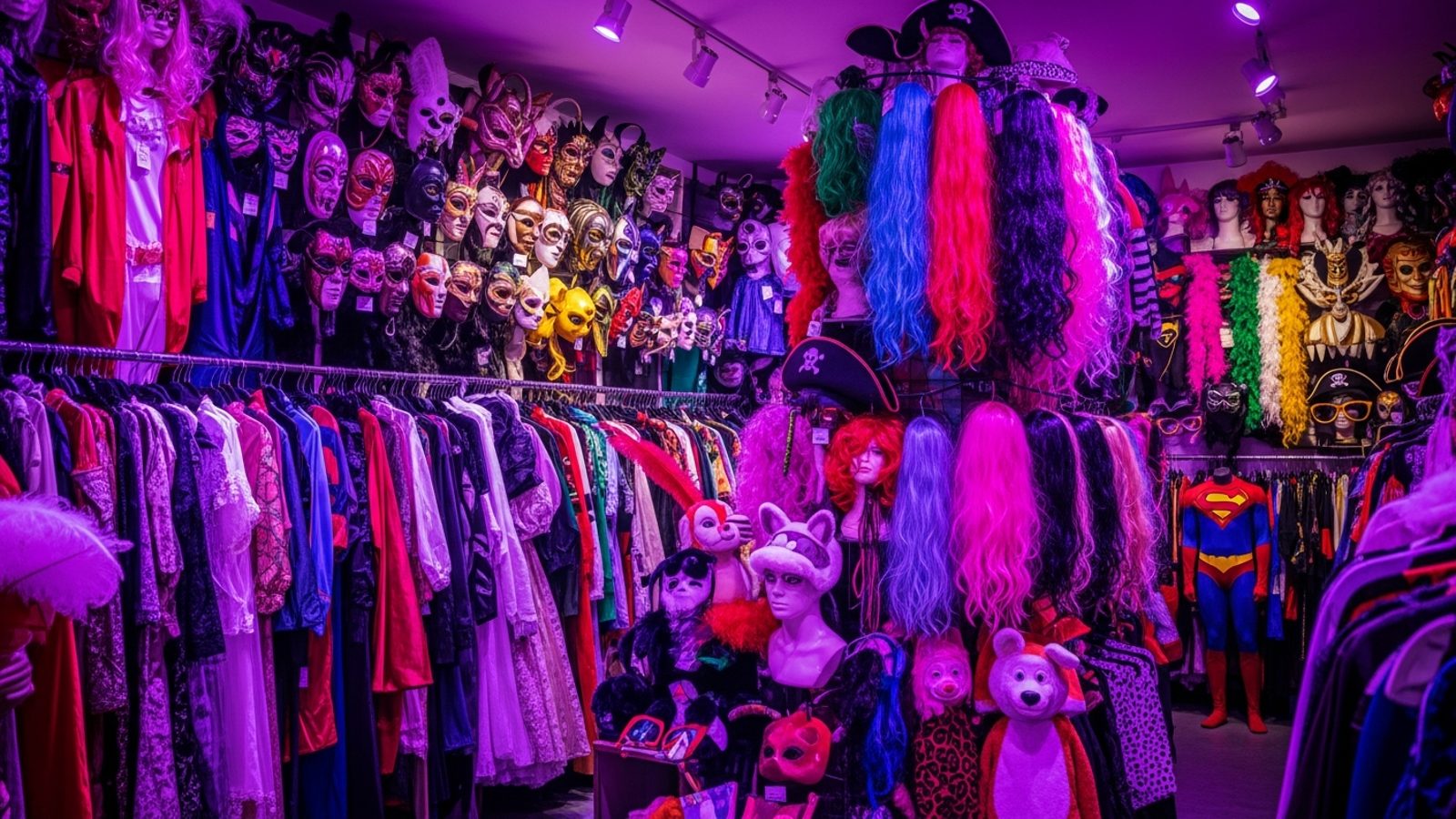 Tienda de disfraces con máscaras, pelucas y trajes colgados