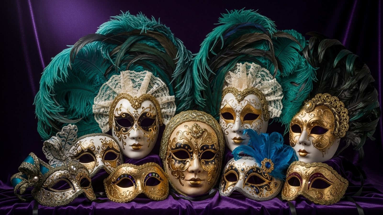 Máscaras venecianas con plumas sobre fondo morado