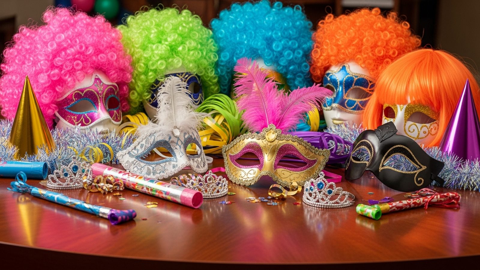 Pelucas de colores, antifaces y accesorios de fiesta